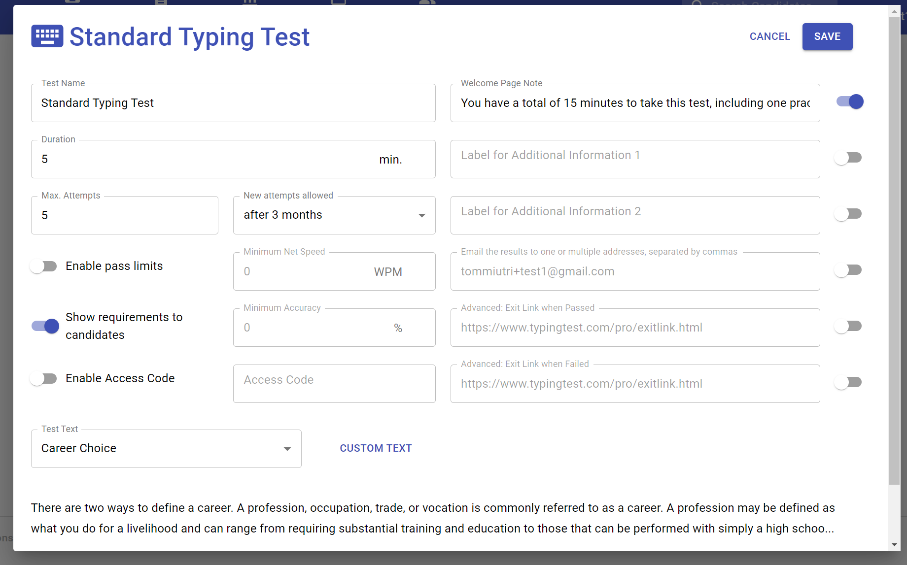 Configuring TypingTest Pro to Hide Pass/Fail Status for Test Takers